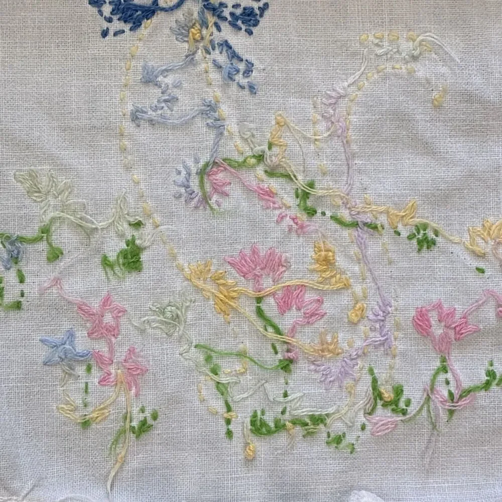 Vintage Kitty Cat Floral Hand Embroidered White Pillowcase 20x28 Cottage FLAWS